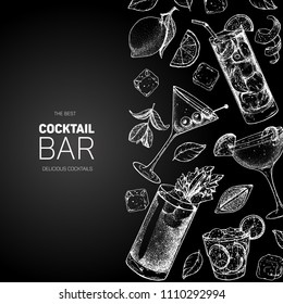 Cocktails hand drawn vector illustration. Alcoholic cocktails sketch set. Engraved style. Design template for bar. Bloody mary, dry martini, caipiroska, sidecar, long island iced tea.