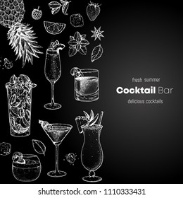 Cocktails hand drawn vector illustration. Alcoholic cocktails sketch set. Engraved style. Design template for bar. Tom collins, mai tai, manhattan, negroni, moscow mule, margarita.