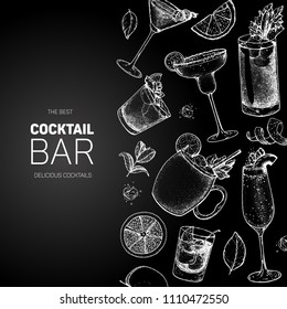 Cocktails hand drawn vector illustration. Alcoholic cocktails sketch set. Engraved style. Design template for bar. Margarita, bloody mary, moscow mule, bellini, cosmopolitan, old fashioned.