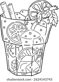 Cocktails hand-drawn vector illustration. Doodle style tropical drinks in glasses with fruit garnishes. Perfect for bar menus, summer party invitations, or beverage-themed designs.