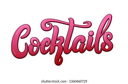 Cocktails handwritten lettering. Restaurant cafe menu title. Calligraphic comic style headline. Colorful bright volume font. Vector typographic pop-art inscription