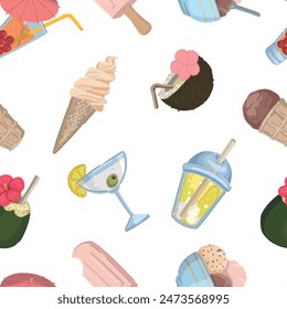 Cocktails, ice cream seamless pattern. Ornament of fresh summer beverages and dessert. Vector design in cartoon style.