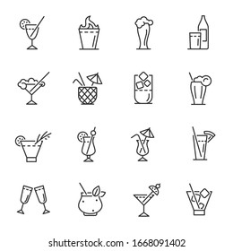 Cocktails, icon set. Alcoholic and non-alcoholic mixed drink with various ingredients, linear icons. Line with editable stroke