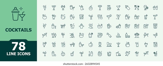 Cocktails icon set. Bar and Night Club icon set in linear style. Minimalist editable vector stroke. Featuring beverage, beer, drink, martini, bar and more. Editable stroke. Vector collection.