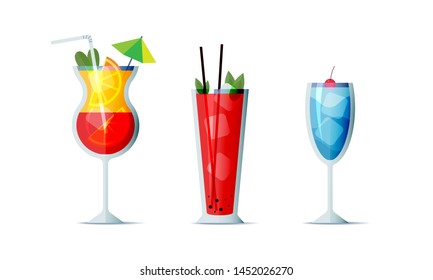 Cocktails icon set cartoon design style. Three popular alcohol drinks for design menu, posters, brochures for cafe, bar.