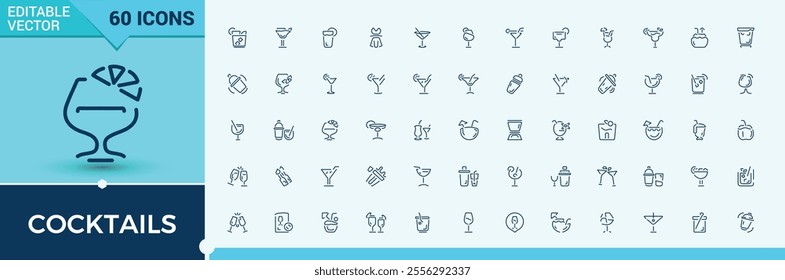 Cocktails icon set. Featuring water, martini, beverage, wine, vodka, tequila and more. Simple icon designs. Vector outline icons collection.