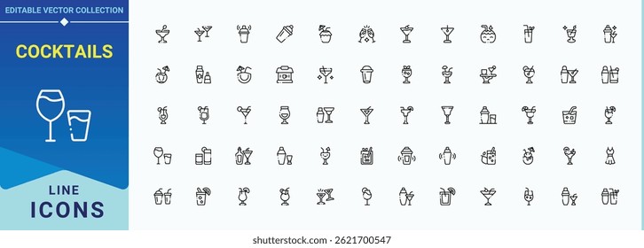 Conjunto de iconos de cócteles. Incluye símbolos de línea delgada, martini, cerveza, bebida, whisky, alcohol, bebida, vino y más. Icono de whisky. Iconos mínimos de colección. Trazo de Vector editable.