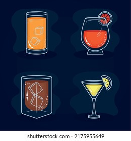 cocktails icon set on blue background