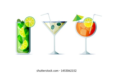 Cocktails icon set in trendy flat design style. Three popular alcohol drinks for design menu, posters, brochures for cafe, bar.
