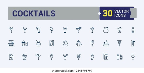 Cocktails icons. Containing alcohol, liquor, ice, bar, beverage and more. Minimal linear icons. Solid line editable stroke.