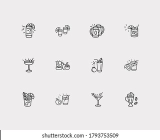 Cocktails icons set. Beer steins and cocktails icons with whisky sour, gin fizz and apple juice. Set of container for web app logo UI design.