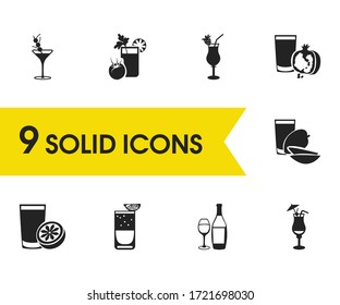 Cocktails icons set with lemonade, delicious and mango juice elements. Set of cocktails icons and gin fizz cocktail concept. Editable vector elements for logo app UI design.