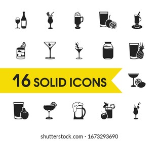 Cocktails icons set with passion fruit juice, martini with olive and apple juice elements. Set of cocktails icons and margarita concept. Editable vector elements for logo app UI design.