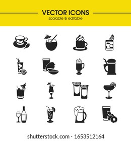 Cocktails icons set with whisky sour cocktail, organic and blue hawAI elements. Set of cocktails icons and beverage concept. Editable vector elements for logo app UI design.