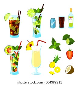 Cocktails and ingredients set: Cuba Libre, Mojito, Strawberry Mojito and Pina Colada. Vector illustration, eps10.