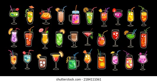 Cocktails, Juices and alcohol drinks icon set. Collection of glasses for the menu of restaurant, cafe or bar