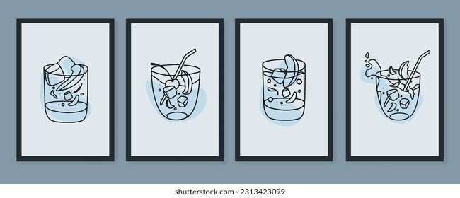 Cocktails line art drawing on blue background. Summer drinks outline. Drinks for cafe menu vector illustration