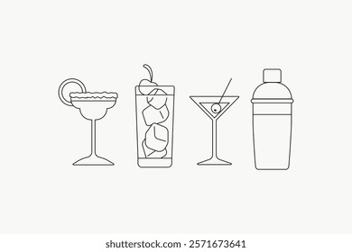 Cocktails line art vector. Simple minimal luxury black line art vector set collection. Alcoholic drinks drawing illustration artwork in set. Drinks and beverages illustration.