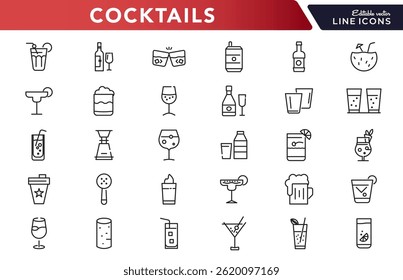 Cocktails line icon set. Drinks, party, club, alcoholic, bubble tea, vodka, pub, coffee, refreshment outline icon collection. UI thin outline icon pack
