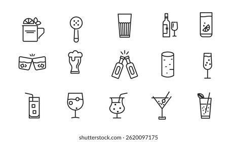 Cocktails line icon set. Drinks, party, club, alcoholic, bubble tea, vodka, pub, coffee, refreshment outline icon collection. UI thin outline icon pack