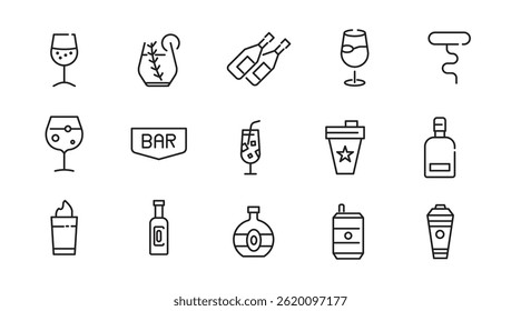 Cocktails line icon set. Drinks, party, club, alcoholic, bubble tea, vodka, pub, coffee, refreshment outline icon collection. UI thin outline icon pack
