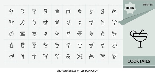 Cocktails line icon set. Minimal icons set. Editable vector. Drink icon set. Featuring alcohol, drink, beverage, cocktail, martini, champagne, wine and more.