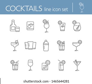 Cocktails line icons. Set of line icons. Beer mug, bottle with glass. Beverage concept. Vector illustration can be used for topics like advertising, business