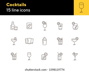 Cocktails line icons. Set of line icons. Beer mug, bottle with glass. Beverage concept. Vector illustration can be used for topics like advertising, business