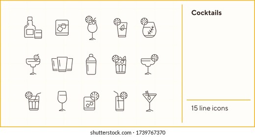 Cocktails line icons. Set of line icons. Beer mug, bottle with glass. Beverage concept. Vector illustration can be used for topics like advertising, business