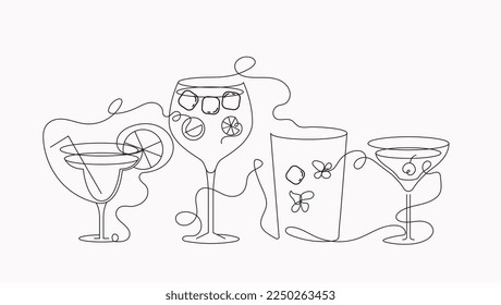 Cocktails line set. Collection of graphic elements for website. Tropic and exotic. Minimalist creativity and art. Poster or banner. Cartoon flat vector illustrations isolated on white background