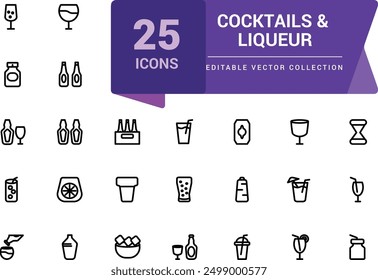 Cocktails and Liqueur icon set. Set of Bar and Nightclub outline mixology icons. Minimalist thin linear web ui icon set. Simple editable vector stroke illustration.