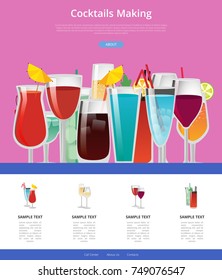 Cocktails making manual web page design with decorated glasses with alcoholic drinks. Vector illustration with beverages and text samples