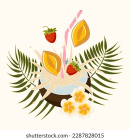 Cocktails with mango and strawberries in coconut Vector summer illustration