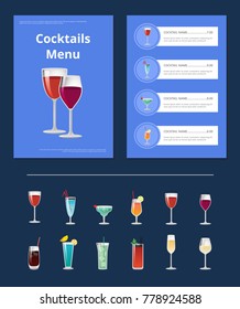 Cocktails menu bar layout with alcoholic beverages in shine wineglasses. Vector illustration with design of front page and content of menu