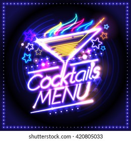 Cocktails menu card design, neon lights style, burning cocktail and stars