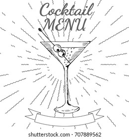 Cocktails menu card vintage design template, chalk board. Menu blank with space for text  for restaurant, cafe and bar design.