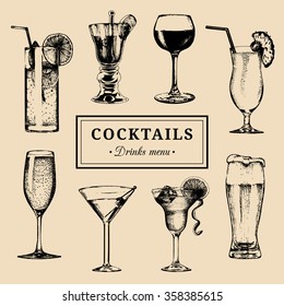 Cocktails menu. Hand sketched alcoholic beverages glasses. Vector set of drinks illustrations: beer, pina colada, margarita, red wine, mojito, vodkatini, champagne etc isolated.