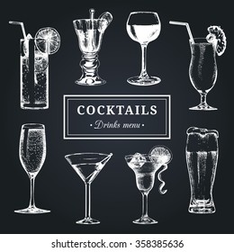 Cocktails menu. Hand sketched alcoholic beverages glasses. Vector set of drinks illustrations on chalkboard: beer, pina colada, margarita, red wine, mojito, vodkatini, champagne etc isolated.