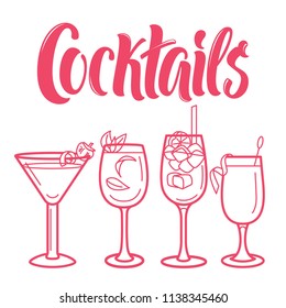 Cocktails menu line art illustrations and lettering with different types of bar glasses.