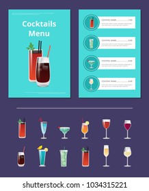 Cocktails menu poster with Bloody Mary and whiskey cola and list of cocktail names with prices and ingredients, big choice of alcohol drinks vector