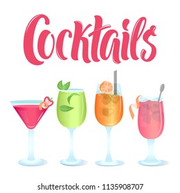 Cocktails menu template with vector glasses of different types cocktails and lettering sign.