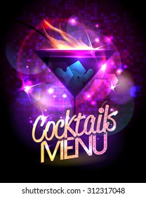 Cocktails menu vector design with burning cocktail against disco sparkles