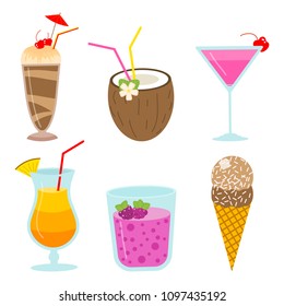 cocktails and milkshakes, drinks juices and coconut milk, smoothies with chocolate and berries, vegetarian organic healthy food. fruit food.