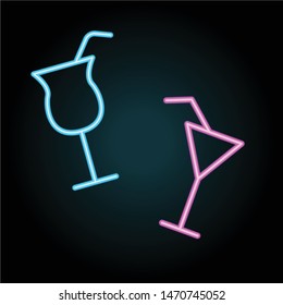 Cocktails neon icon. Pink and blue beach cocktail glasses with straws glowing symbol vector illustration. Night life illuminated isolated clipart. Alcoholic drinks sticker, design elements set