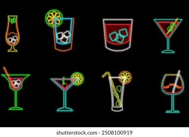 Cocktails neon icon set. Cocktails collection neon signs. Bright sign boards, light banner. Modern trend design, night light board, badges, design template.