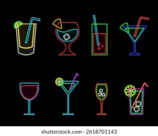Cocktails neon icon set. Cocktails collection neon signs. Glossy signboards, night banner, badges, design template.