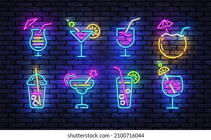 Cocktails neon icons set. Cocktails collection neon signs. Bright sign boards, light banner. Modern trend design, night light signboard, emblems, design template. Vector Illustration