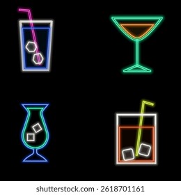 Cocktails neon icons set. Cocktails neon collection. Glossy sign boards, light strip. Modern trend design, night light board, badges, design template. neon drinks..