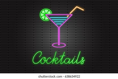 Cocktails neon sign with glass, drinking straw and lime, bright signboard, light banner on stylish brick wall.