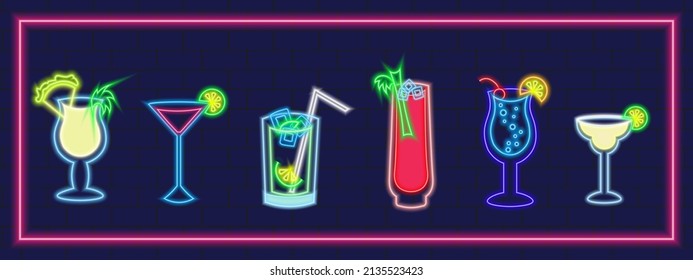 Cocktails neon signs on brick background